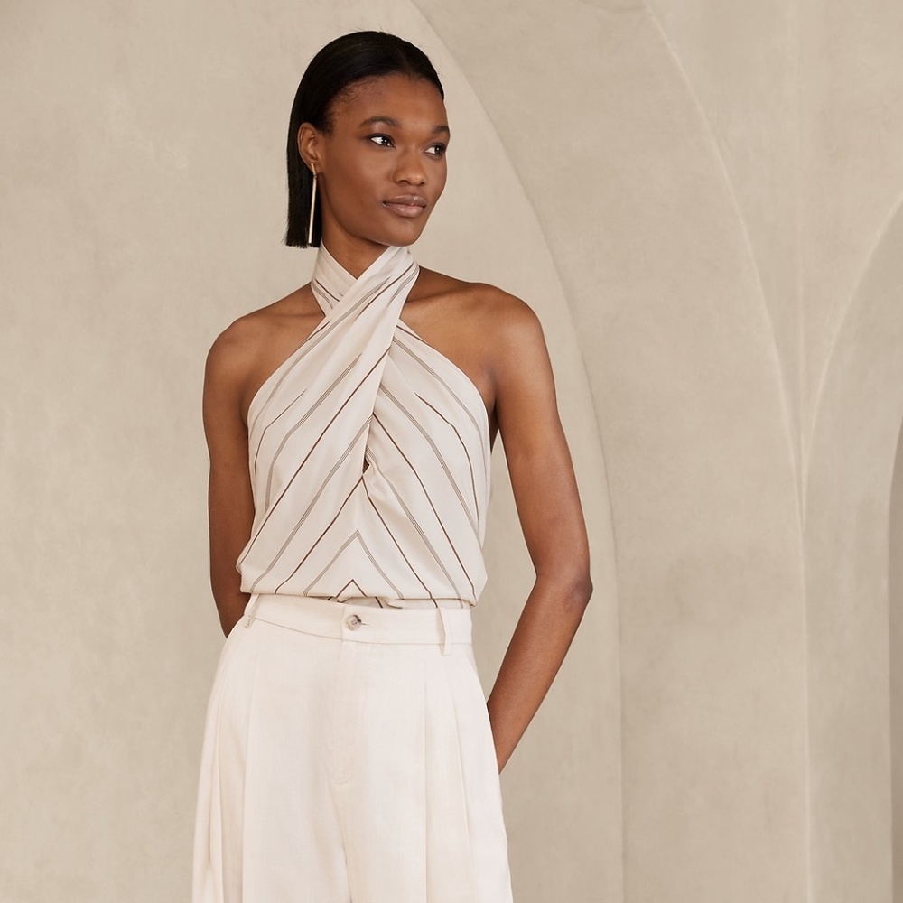 New! BANANA REPUBLIC Rhapsody Poplin Halter Top in Ecru Stripe colour, sz Large